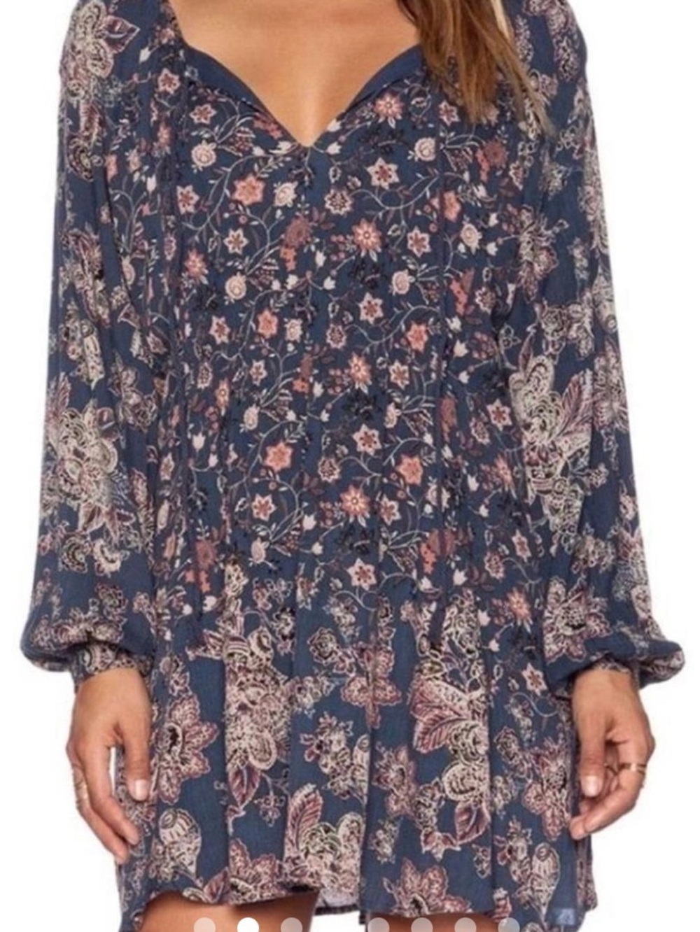 Free People Navy Floral Long Sleeve Mini Dress